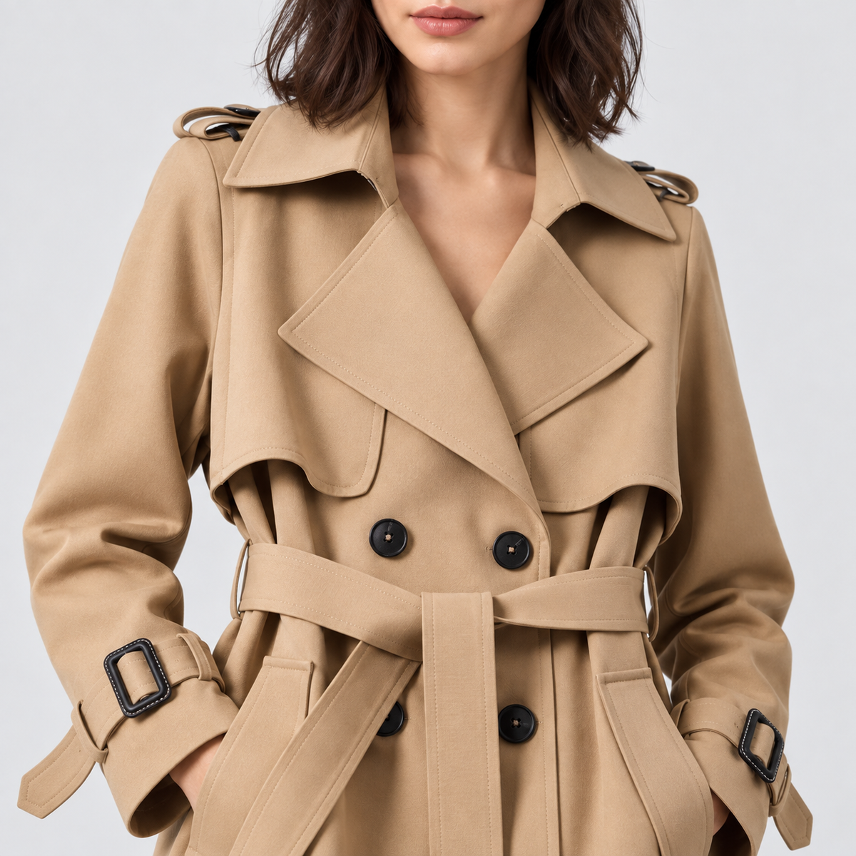 Charlotte Double-Breasted Belted Trench Coat in beige, studio view