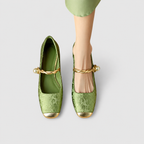 Women's Mary Jane Shoes with Metallic Trim and Low Heel in Green — view 3