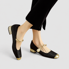 Women's Mary Jane Shoes with Metallic Trim and Low Heel in Black — view 6