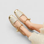 Women's Mary Jane Shoes with Metallic Trim and Low Heel in Beige — view 12