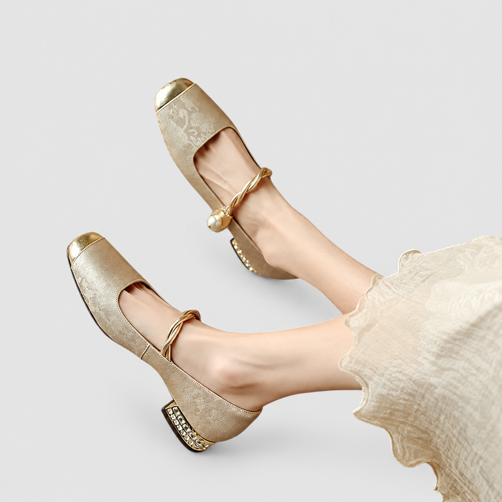Women's Mary Jane Shoes with Metallic Trim and Low Heel — view 13