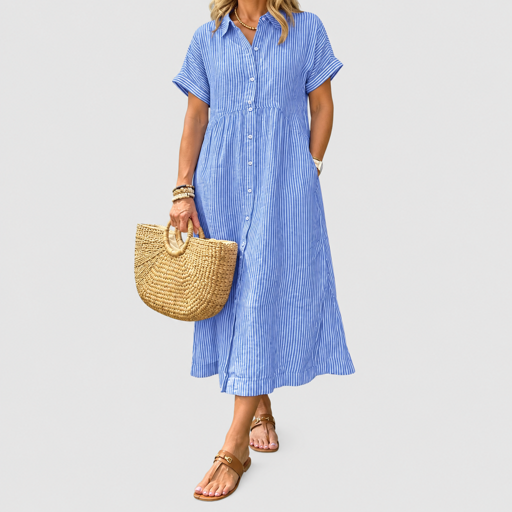 Women's Striped Midi Shirt Dress with Collar in Blue — view 1