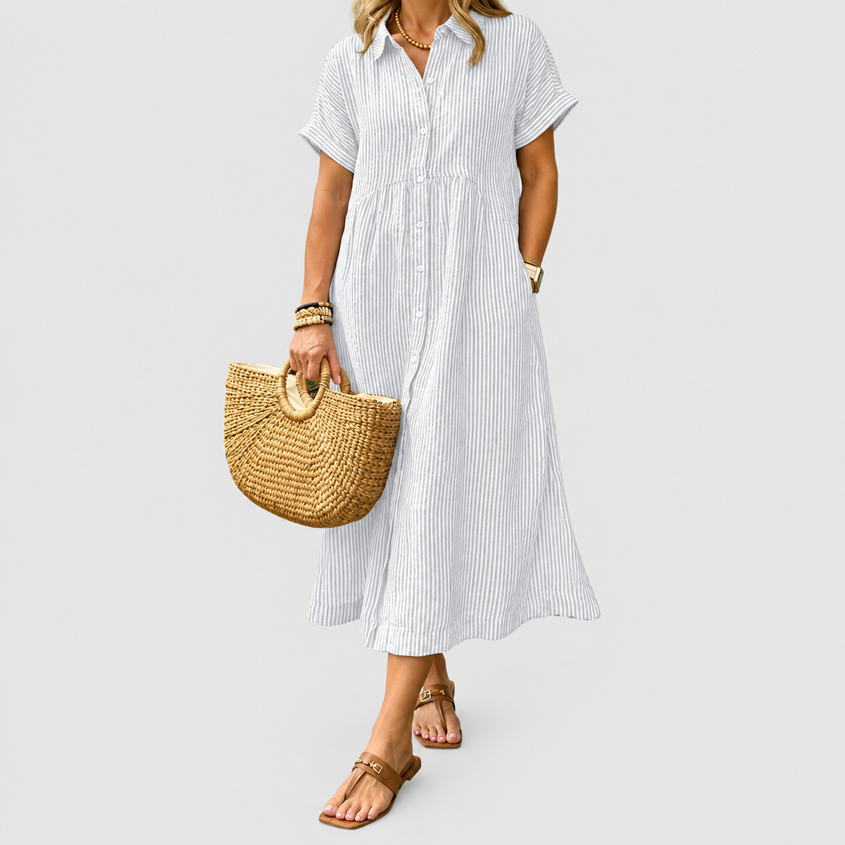 Women's Striped Midi Shirt Dress with Collar in White — view 2