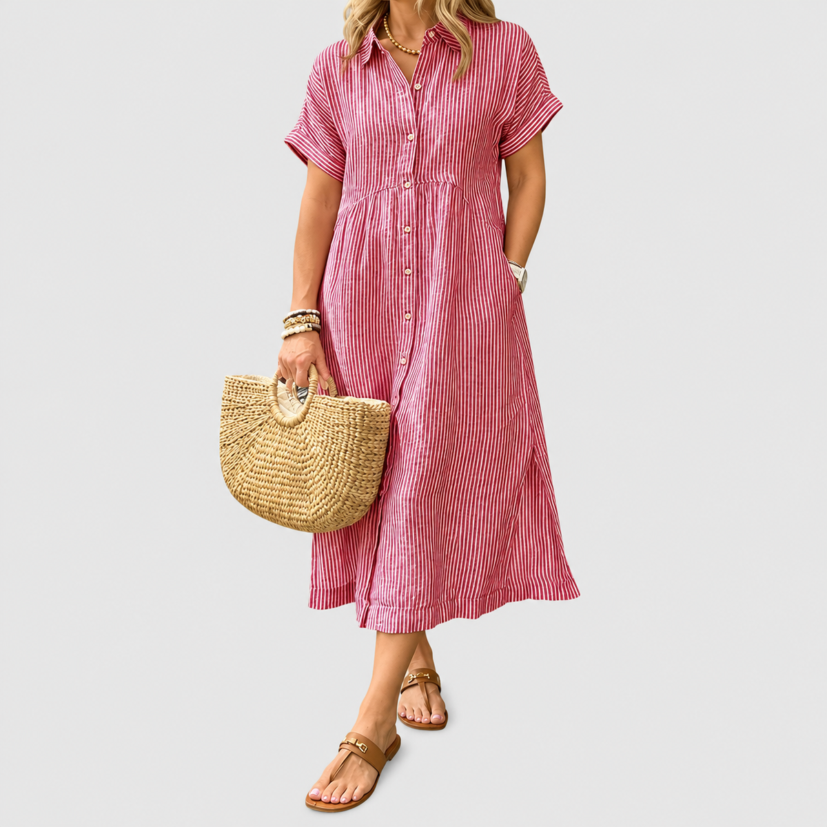Women's Striped Midi Shirt Dress with Collar in Red — view 4