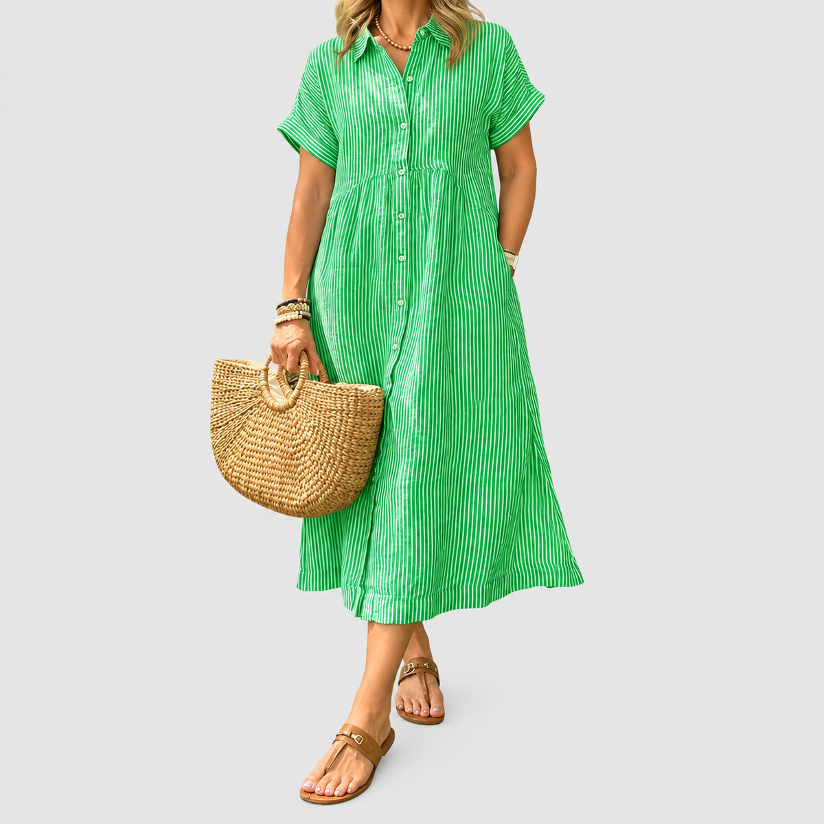 Women's Striped Midi Shirt Dress with Collar in Green — view 5