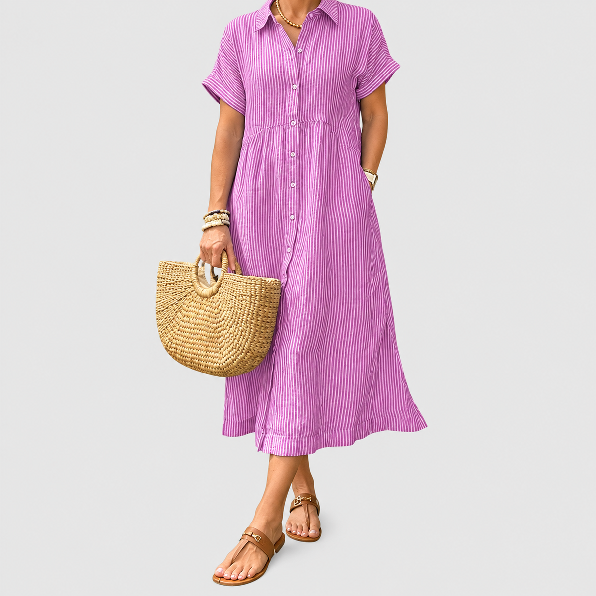 Women's Striped Midi Shirt Dress with Collar in Pink — view 6