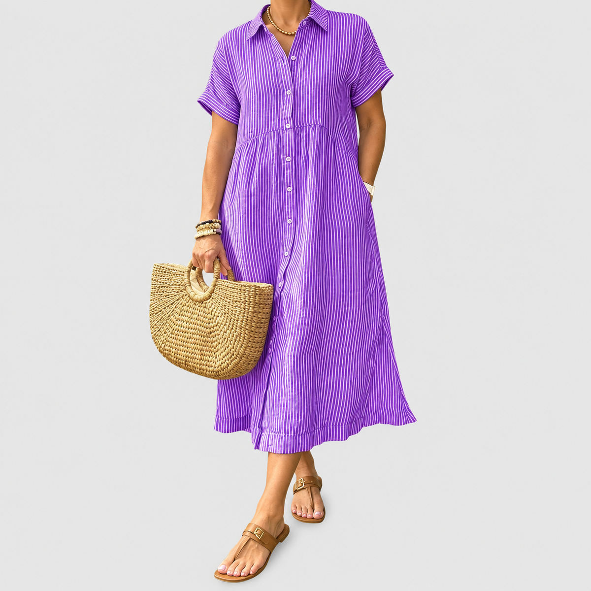 Women's Striped Midi Shirt Dress with Collar in Purple — view 7
