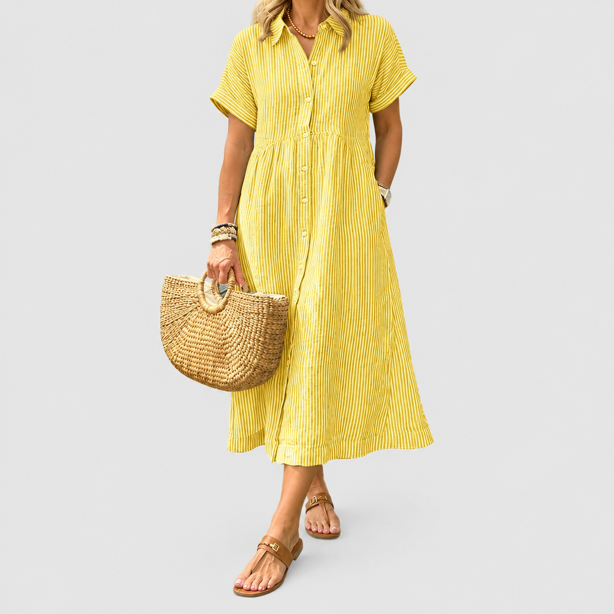 Women's Striped Midi Shirt Dress with Collar in Yellow — view 8