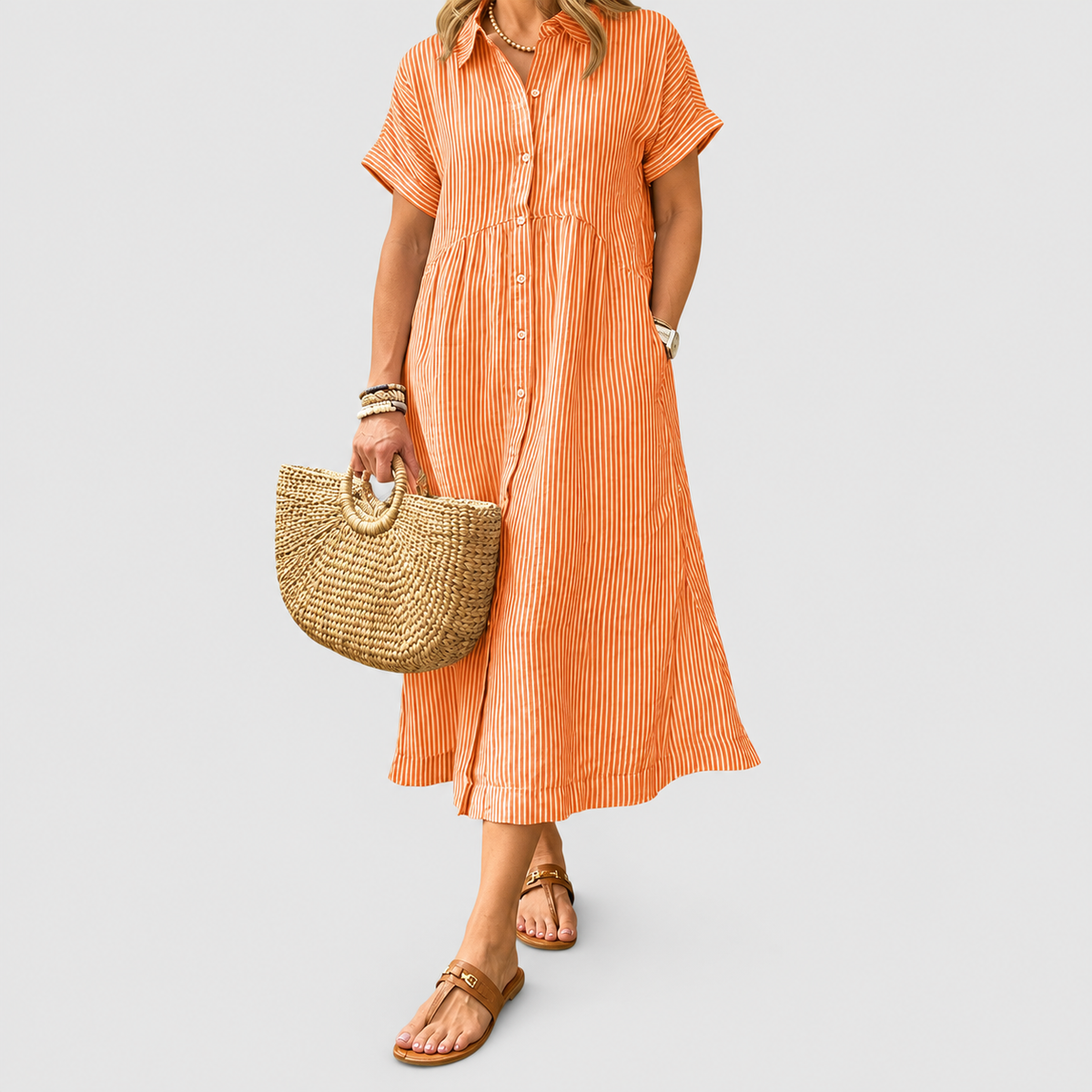 Women's Striped Midi Shirt Dress with Collar in Orange — view 9