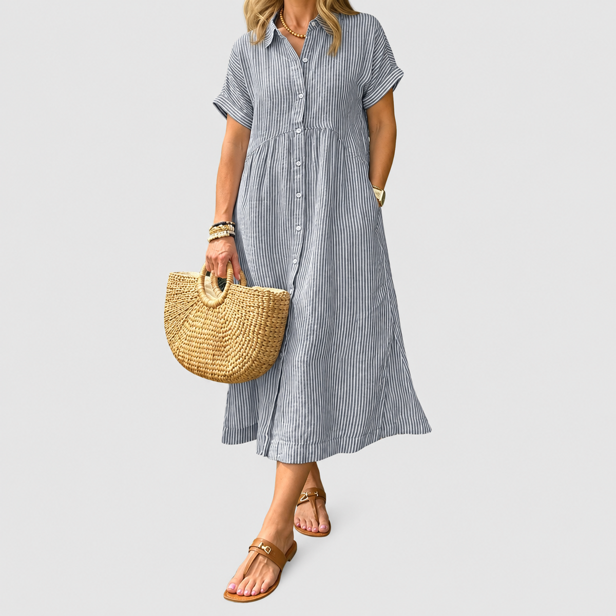 Women's Striped Midi Shirt Dress with Collar in Grey — view 10