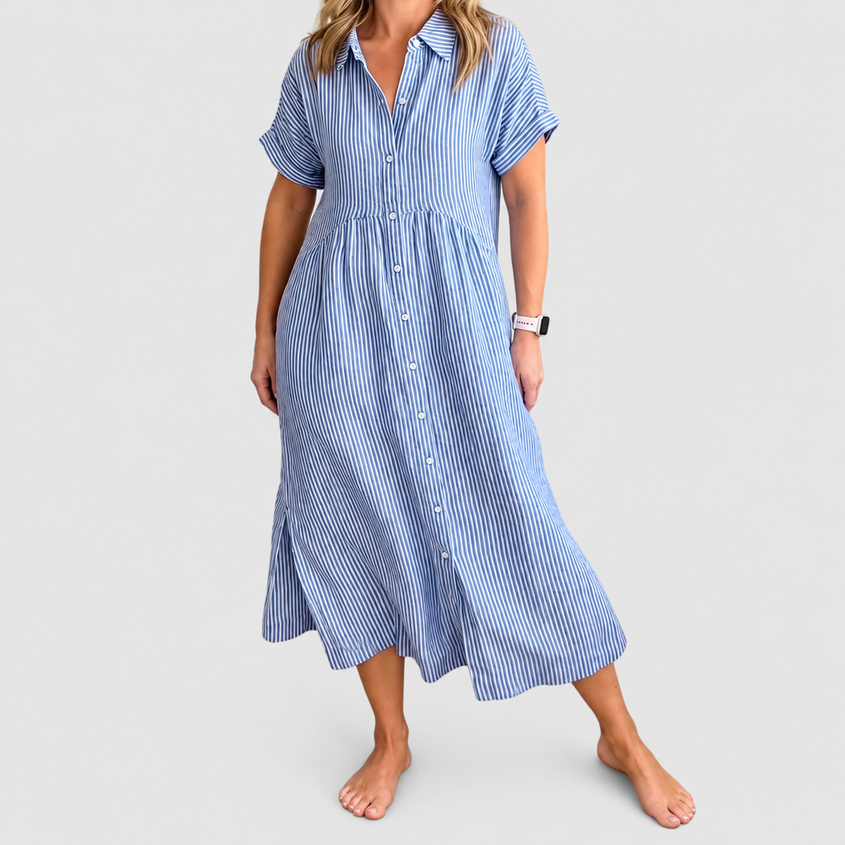 Women's Striped Midi Shirt Dress with Collar — view 11