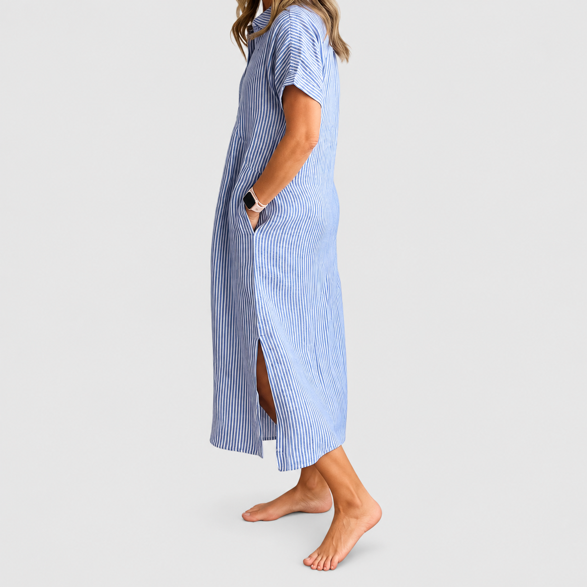 Women's Striped Midi Shirt Dress with Collar — view 12