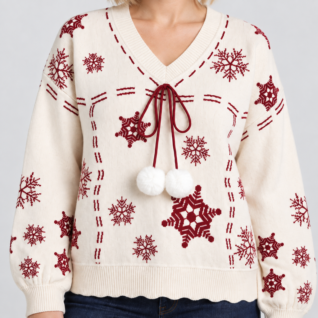 Snowflake V-Neck Christmas Jumper with Pom-Pom Tie in white — knit and neckline detail