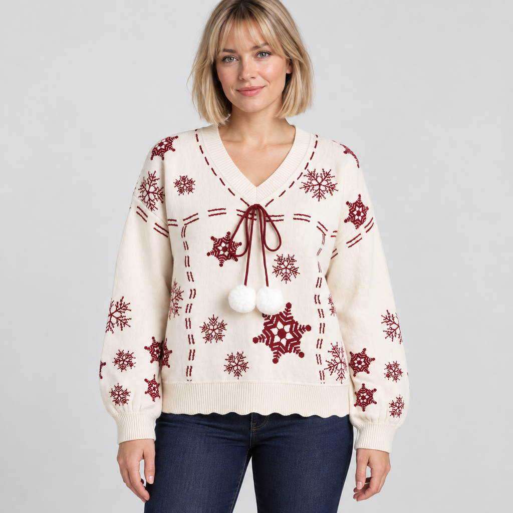 Clara Snowflake V-Neck Christmas Jumper with Pom-Pom Tie, white, front view