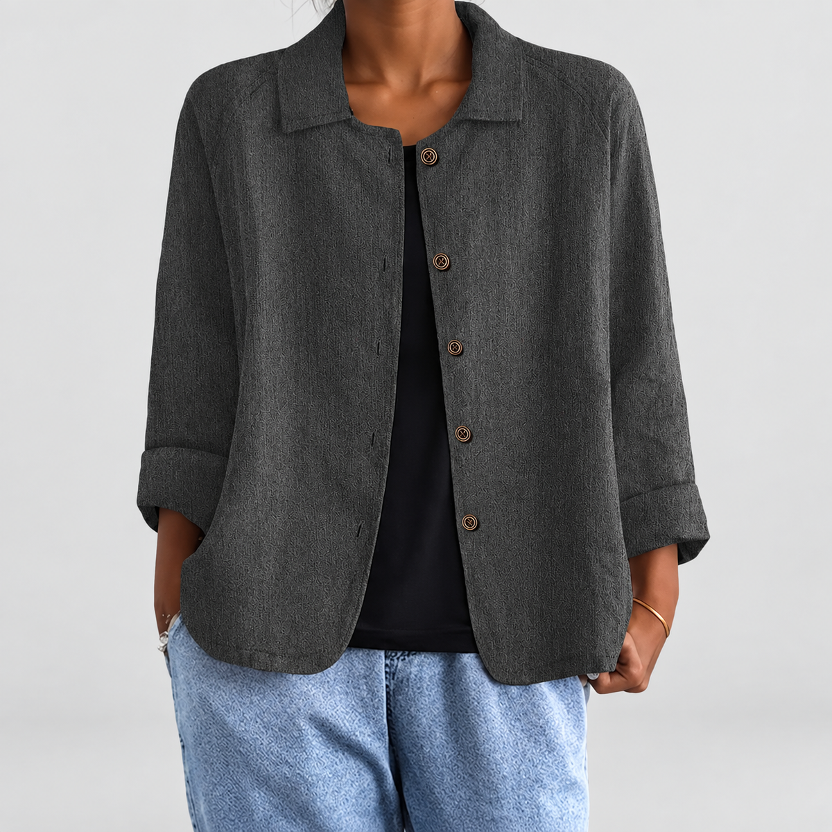 Women's Button-Up Blazer Jacket in Dark Grey — view 13