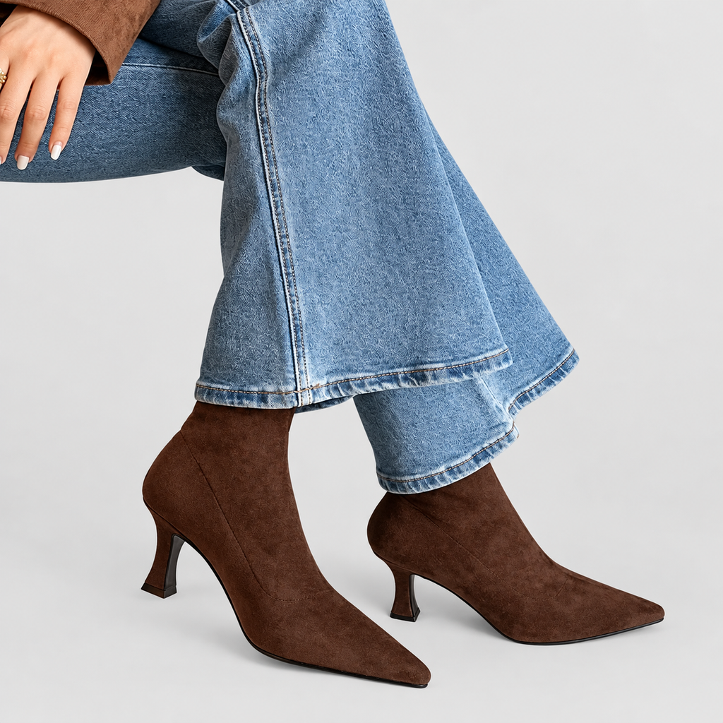 Women's Pointed-Toe Sock Boots with Kitten Heel in Brown — view 1