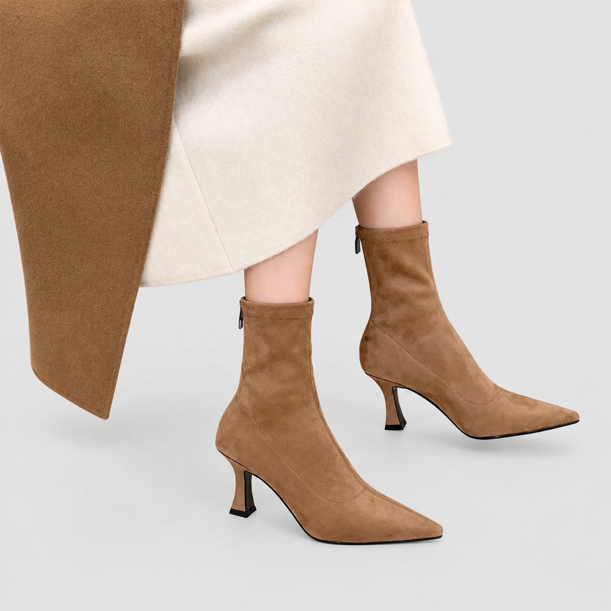 Women's Pointed-Toe Sock Boots with Kitten Heel in Khaki — view 4