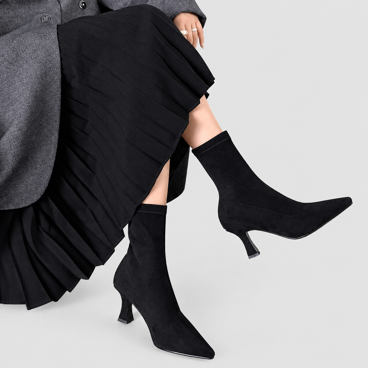 Women's Pointed-Toe Sock Boots with Kitten Heel in Black — view 7