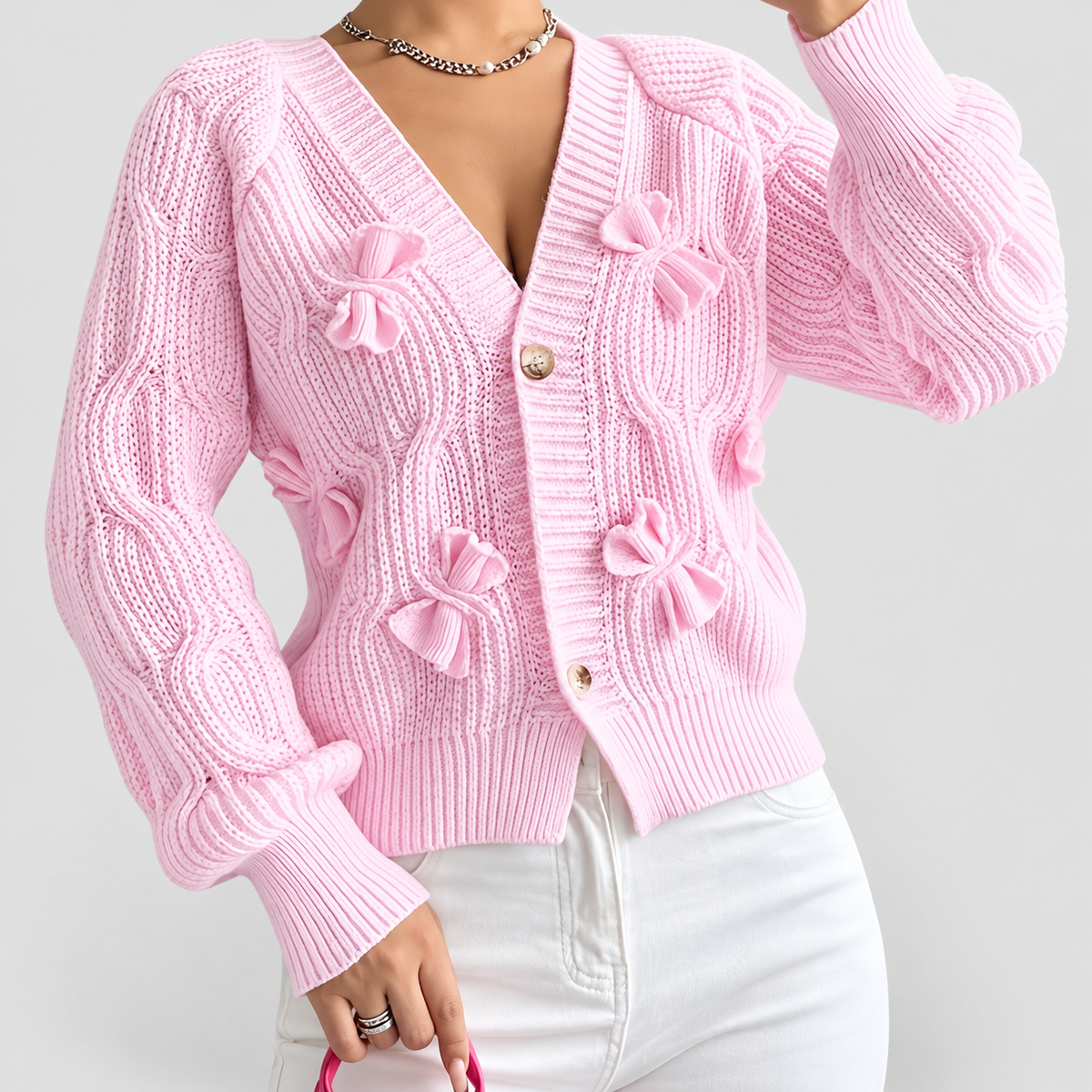 Women's Bow-Detail Long-Sleeve Cable-Knit Cardigan in Pink — view 1