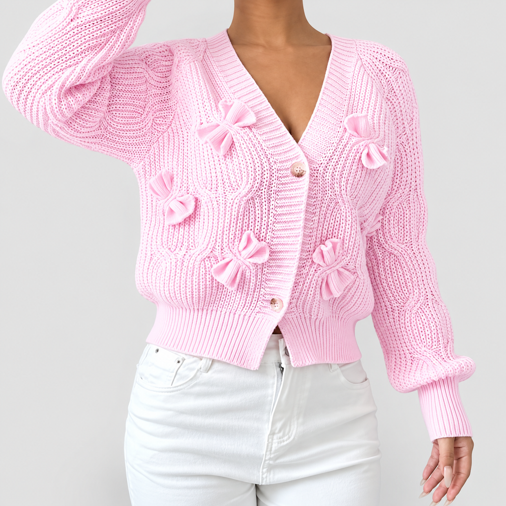 Women's Bow-Detail Long-Sleeve Cable-Knit Cardigan — view 4