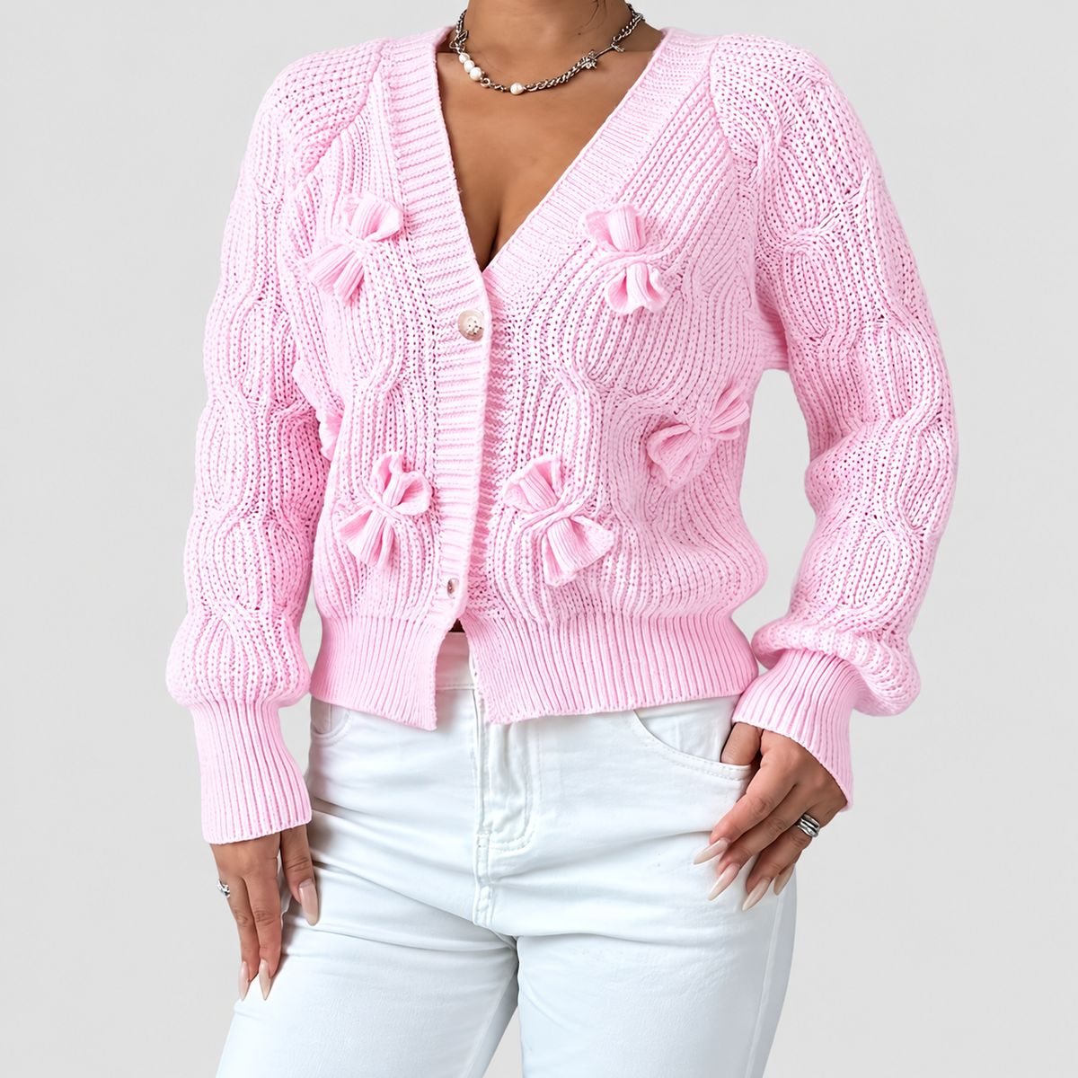 Women's Bow-Detail Long-Sleeve Cable-Knit Cardigan — view 5