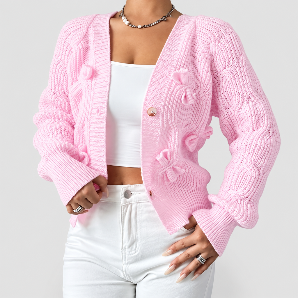 Women's Bow-Detail Long-Sleeve Cable-Knit Cardigan — view 6