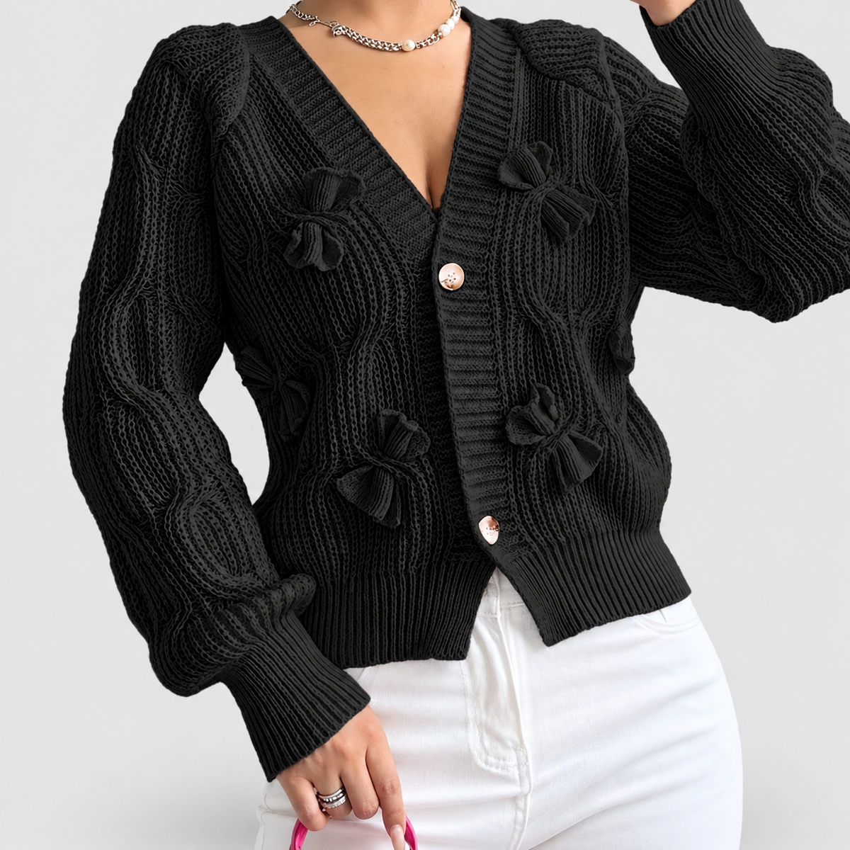 Women's Bow-Detail Long-Sleeve Cable-Knit Cardigan in Black — view 10