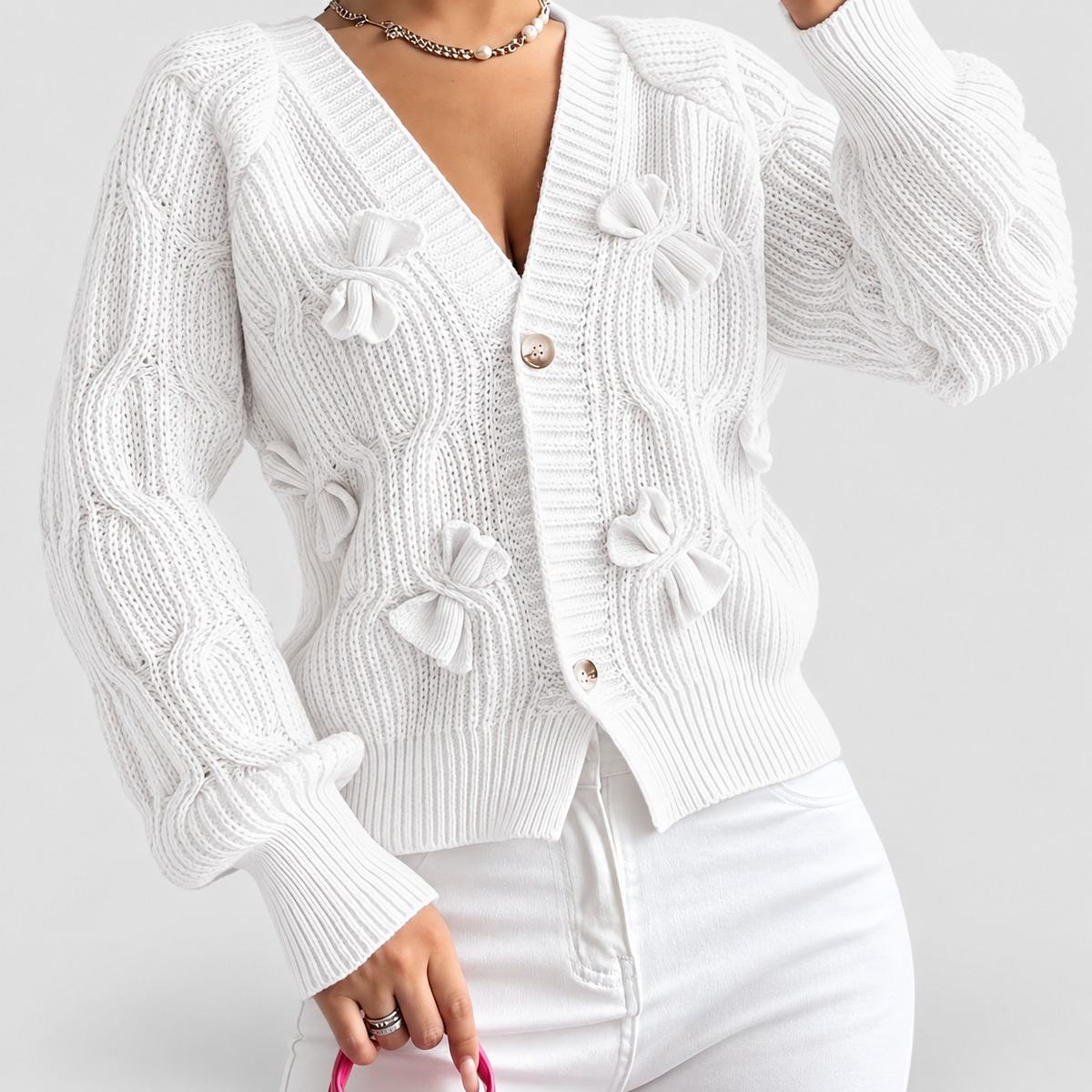 Women's Bow-Detail Long-Sleeve Cable-Knit Cardigan in White — view 14