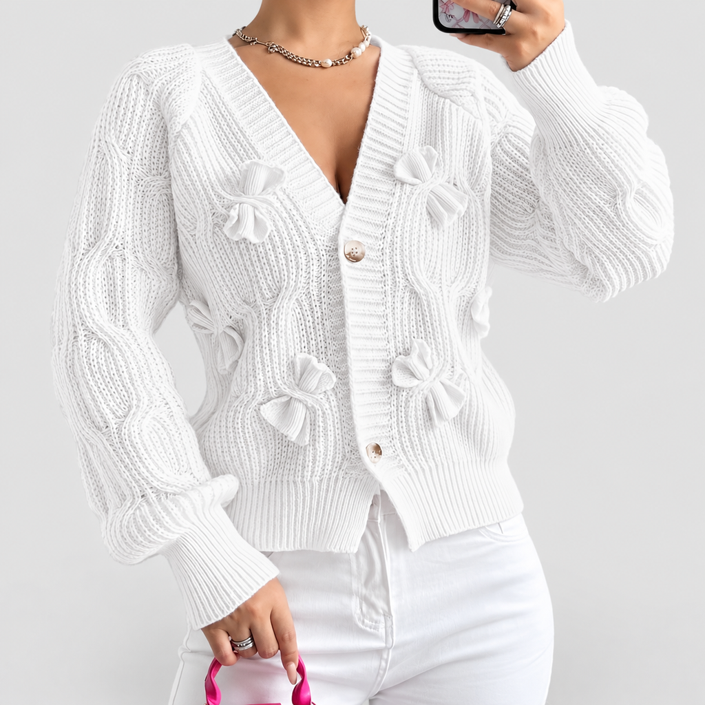 Women's Bow-Detail Long-Sleeve Cable-Knit Cardigan — view 16