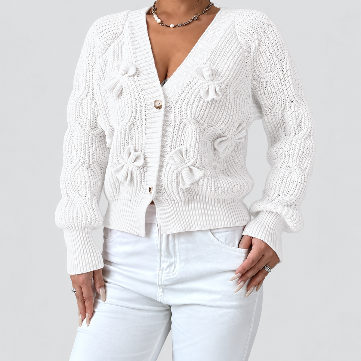 Women's Bow-Detail Long-Sleeve Cable-Knit Cardigan — view 19