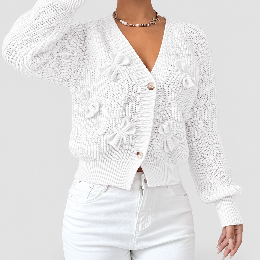 Women's Bow-Detail Long-Sleeve Cable-Knit Cardigan — view 20