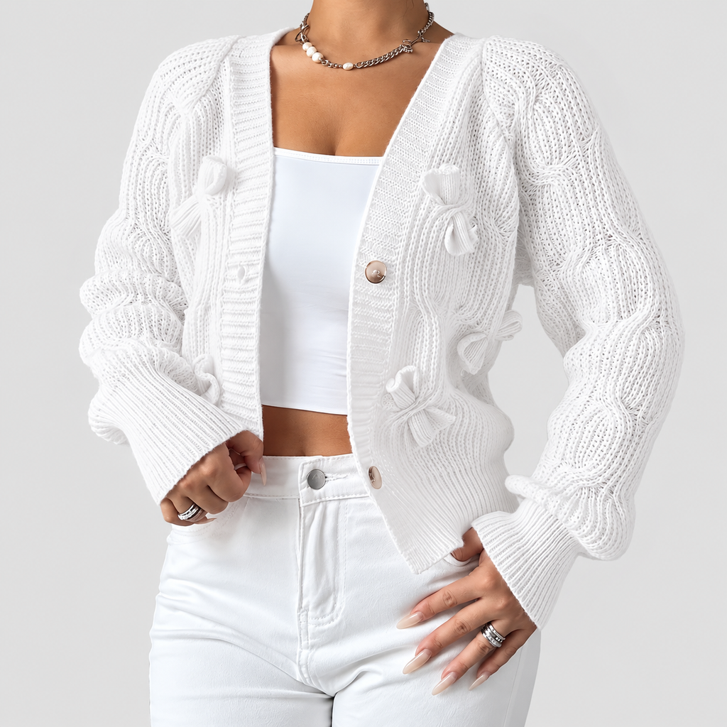 Women's Bow-Detail Long-Sleeve Cable-Knit Cardigan — view 22