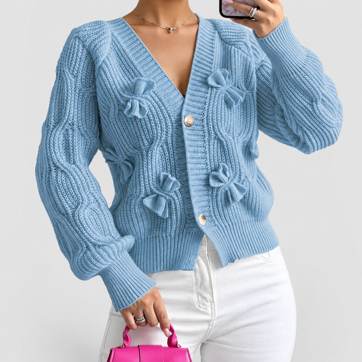 Women's Bow-Detail Long-Sleeve Cable-Knit Cardigan in Light Blue — view 23