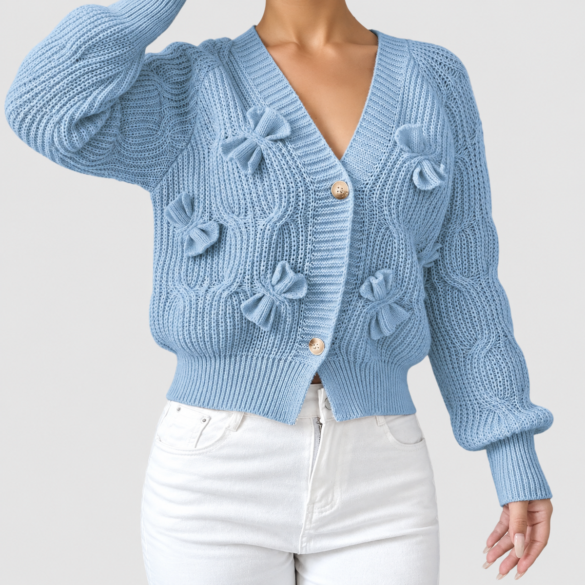 Women's Bow-Detail Long-Sleeve Cable-Knit Cardigan — view 24
