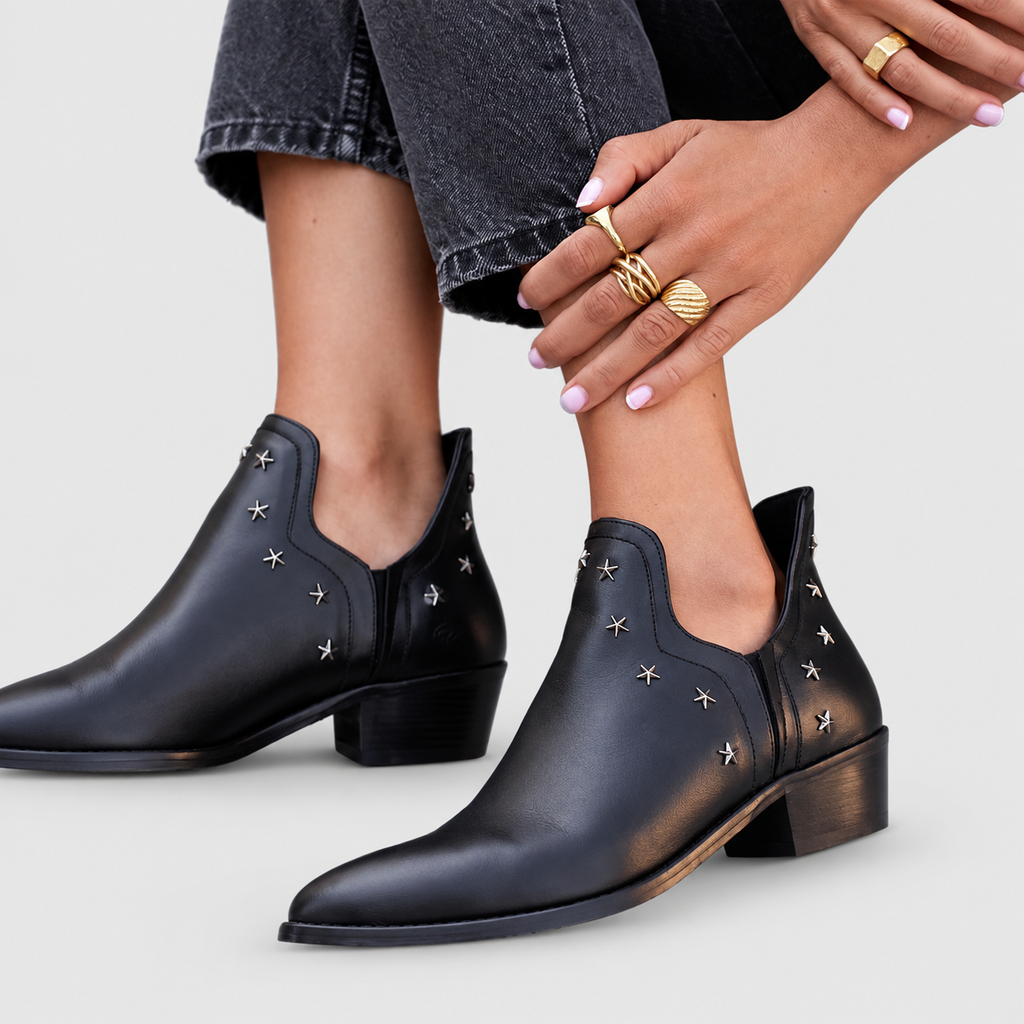 Women's Black Leather-Look Ankle Boots with Star Stud Detail and Block Heel in Black — view 2