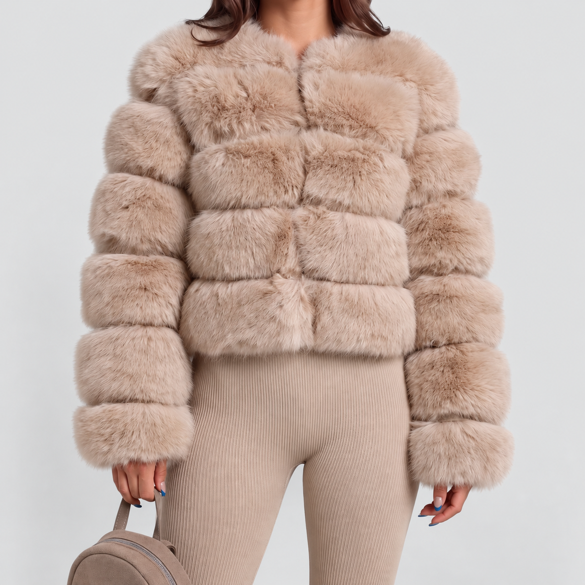 Women's Collarless Faux Fur Coat in Beige — view 1