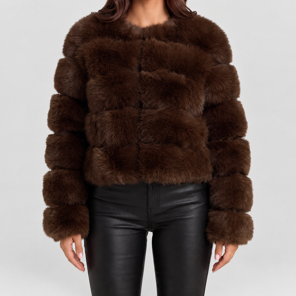 Women's Collarless Faux Fur Coat in Brown — view 8