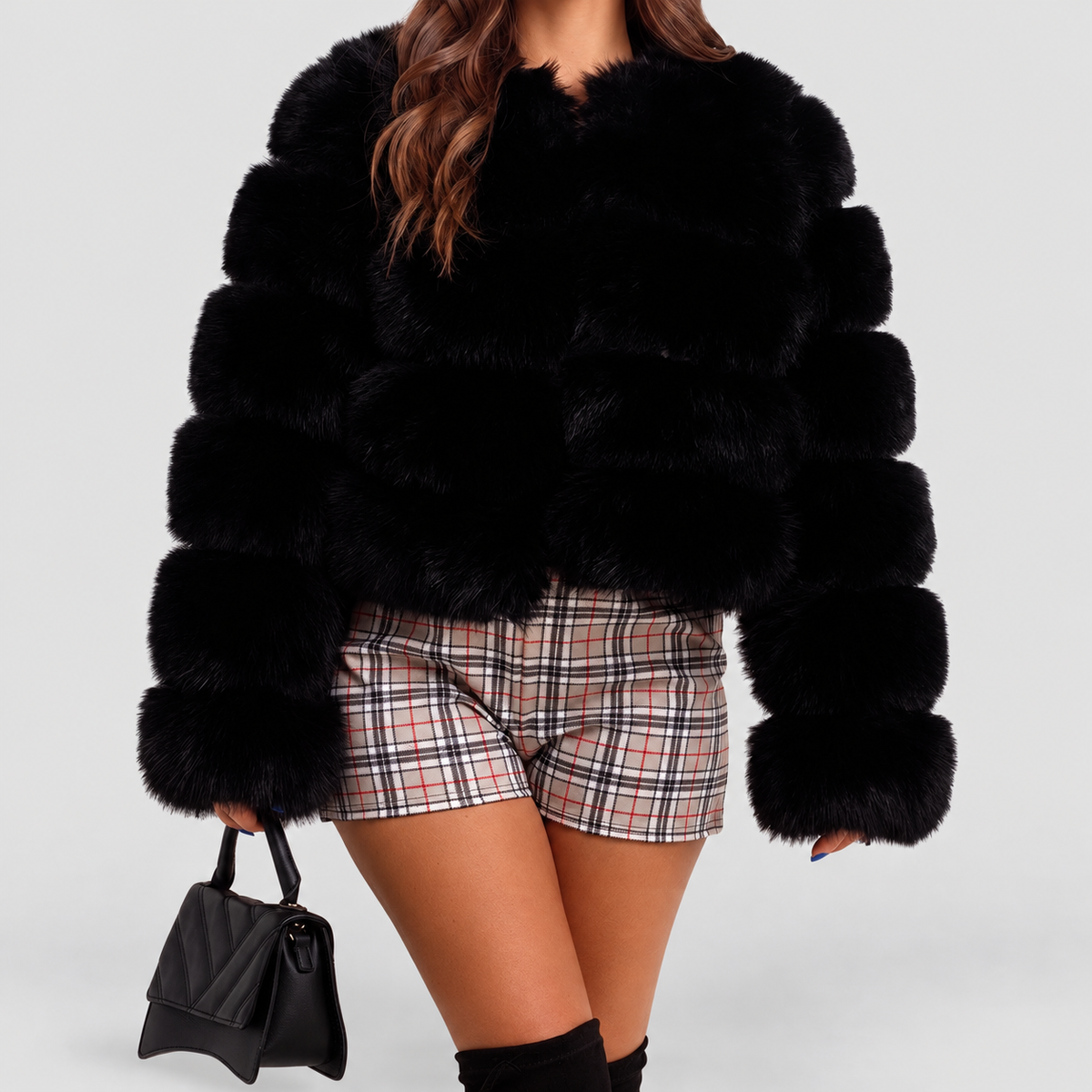 Women's Collarless Faux Fur Coat in Black — view 16