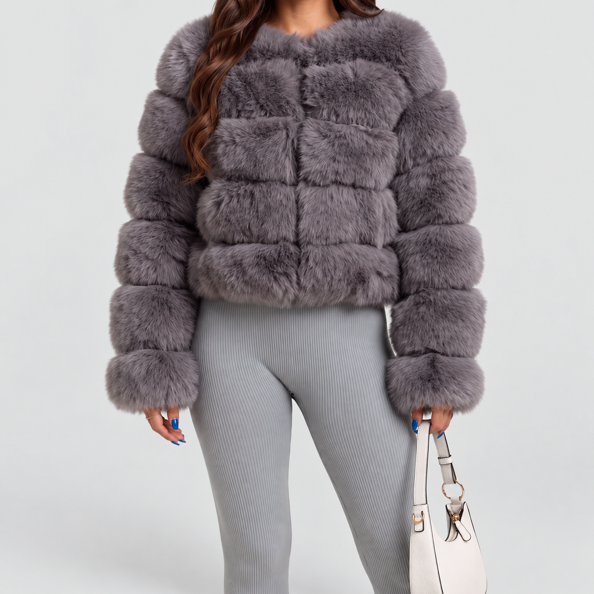 Women's Collarless Faux Fur Coat in Dark Grey — view 22
