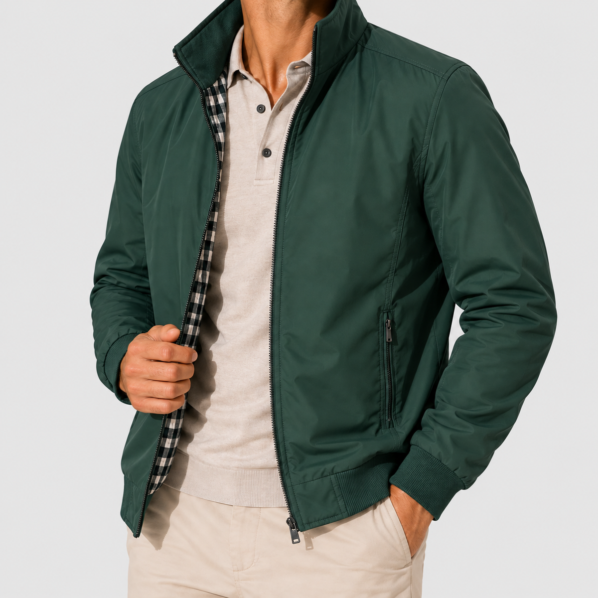 Men's Harrington Jacket with Zip Front in Green — view 3