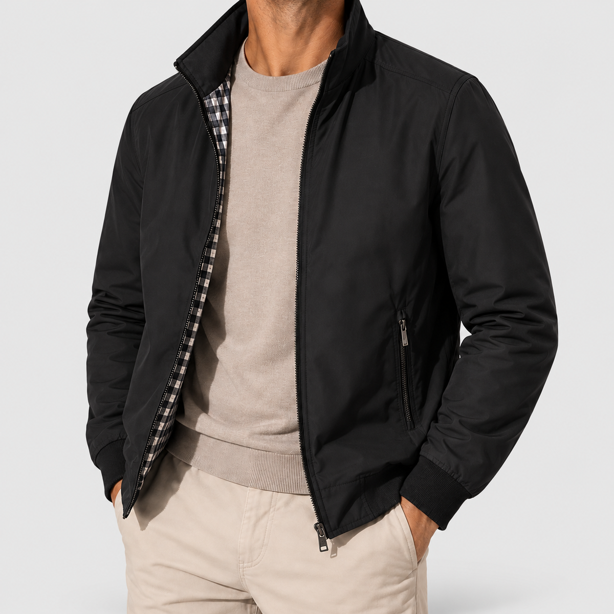 Men's Harrington Jacket with Zip Front in Black — view 4