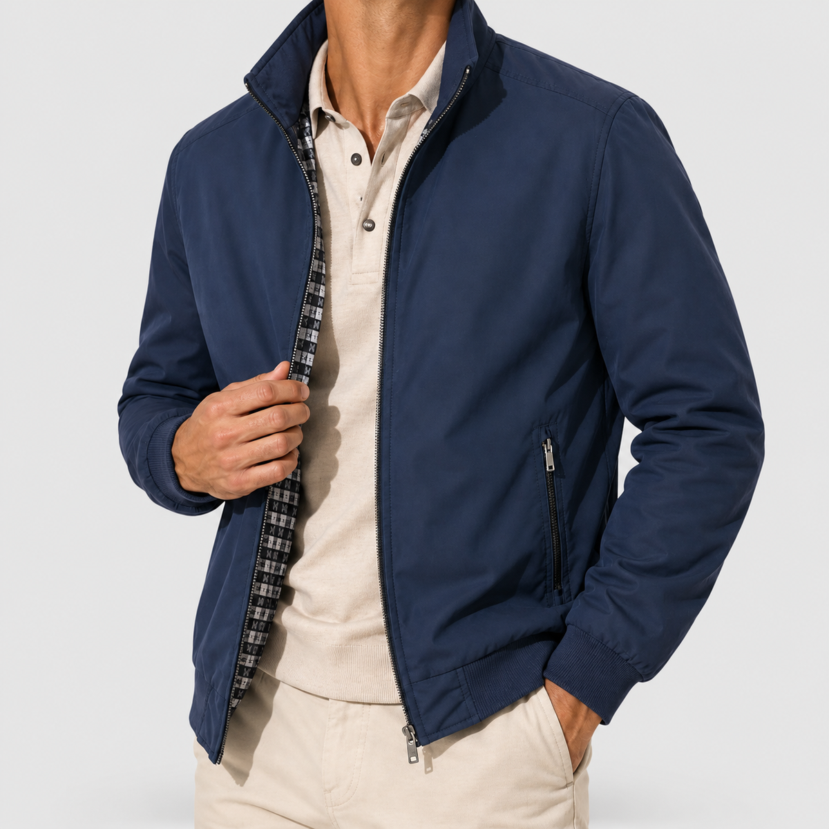 Men's Harrington Jacket with Zip Front in Navy — view 5