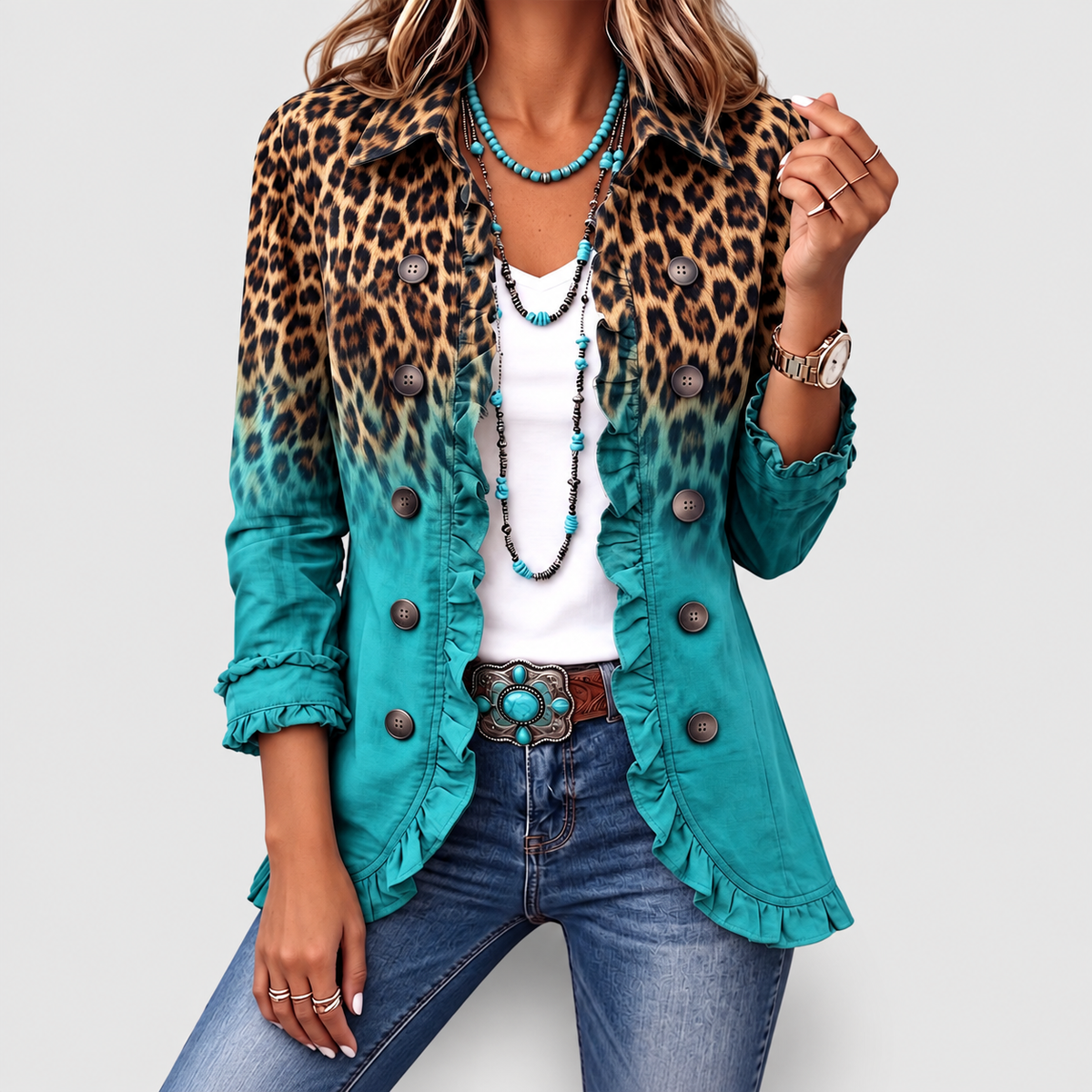 Women's Leopard Ombre Ruffle Blazer Jacket in Turquoise — view 1