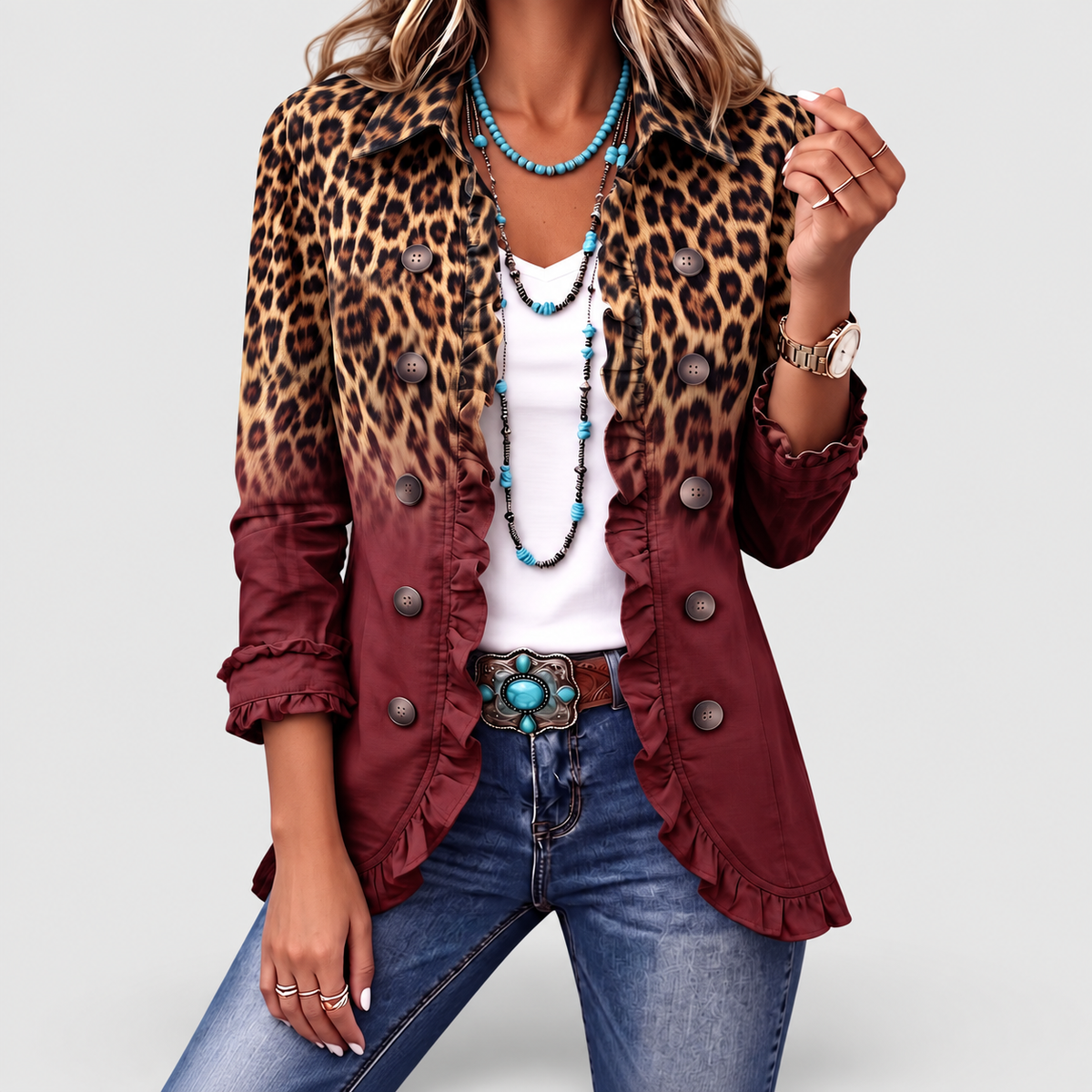 Women's Leopard Ombre Ruffle Blazer Jacket in Wine — view 5