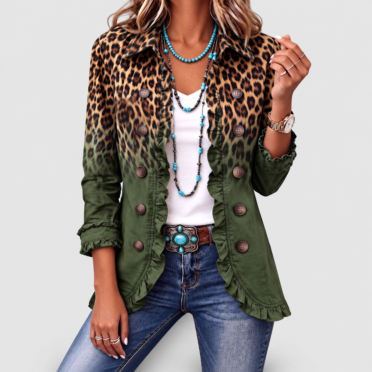 Women's Leopard Ombre Ruffle Blazer Jacket in Green — view 7