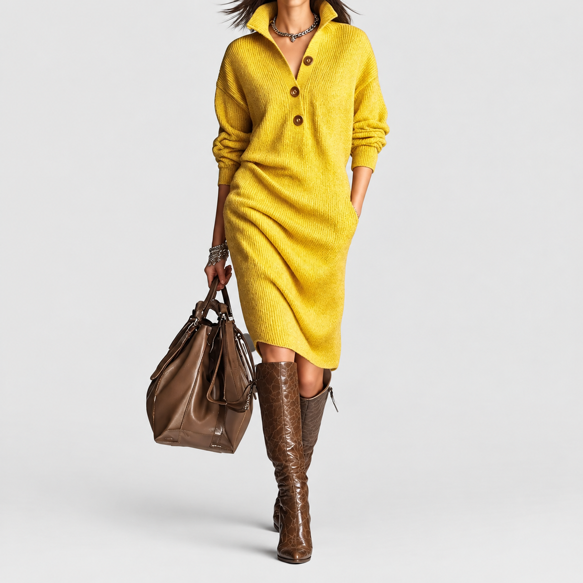 Women's Collared Button-Front Knit Midi Dress in Yellow — view 1