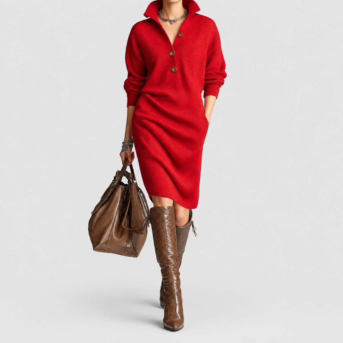 Women's Collared Button-Front Knit Midi Dress in Red — view 2
