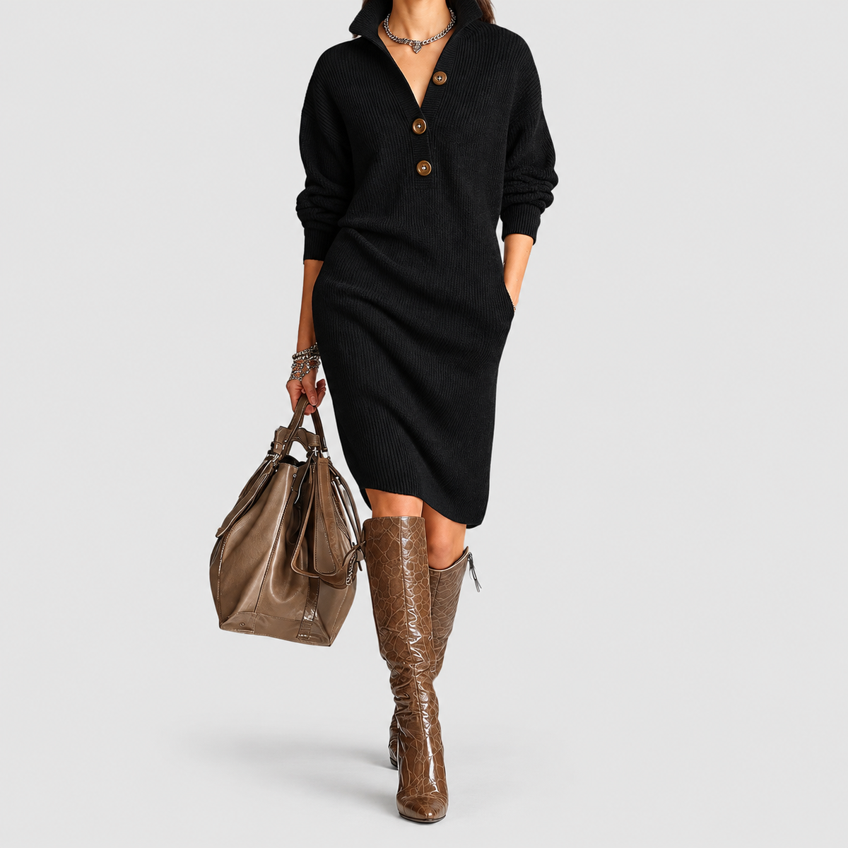 Women's Collared Button-Front Knit Midi Dress in Black — view 4