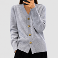 Women's V-Neck Cardigan with Gold Heart Buttons in Grey — view 1
