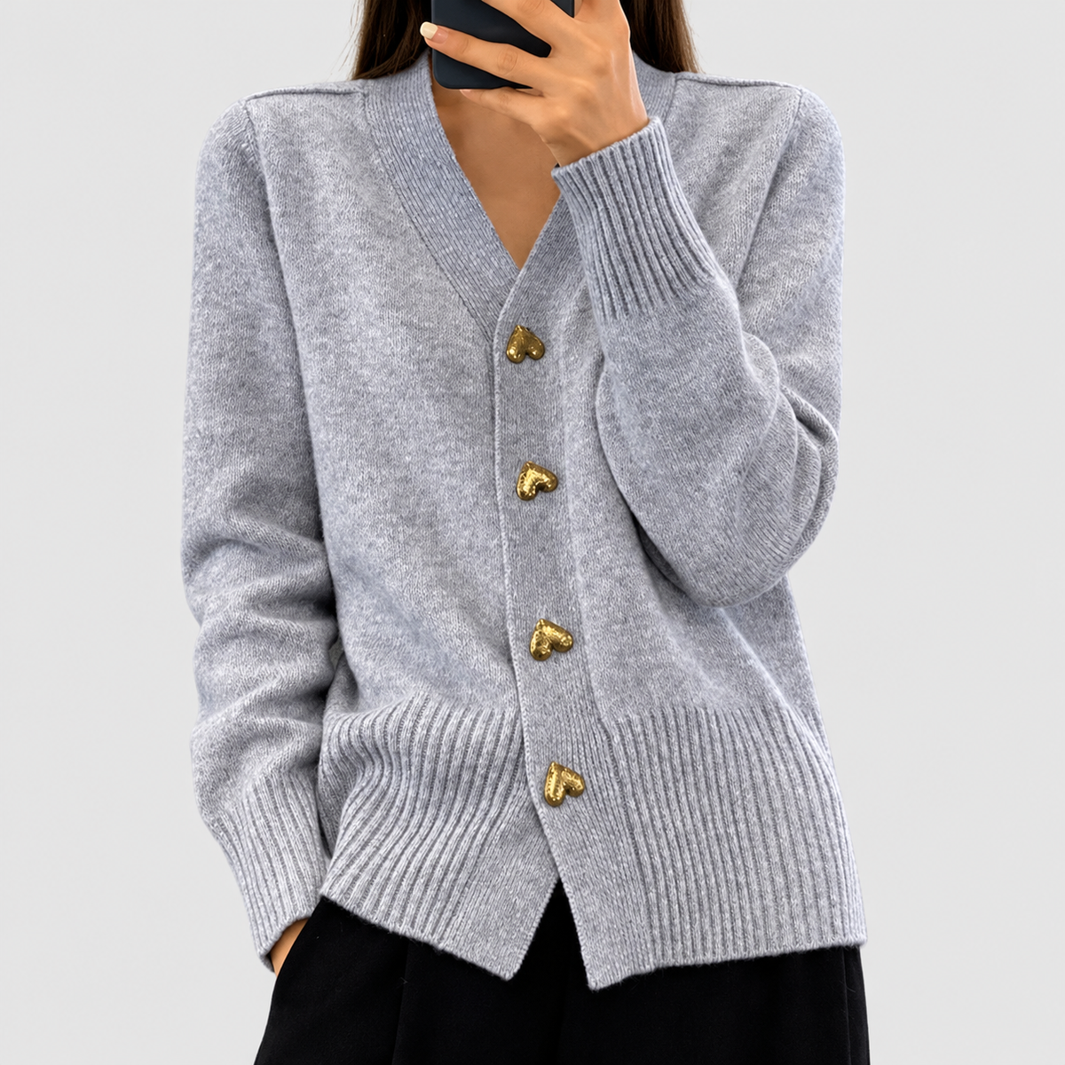Women's V-Neck Cardigan with Gold Heart Buttons in Grey — view 1